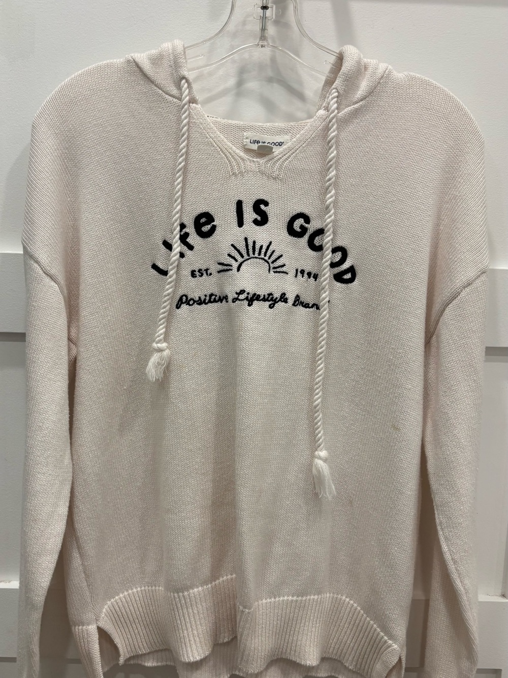 Life Is Good Cream Scoop-Neck Hoodie Sweater with Black Logo